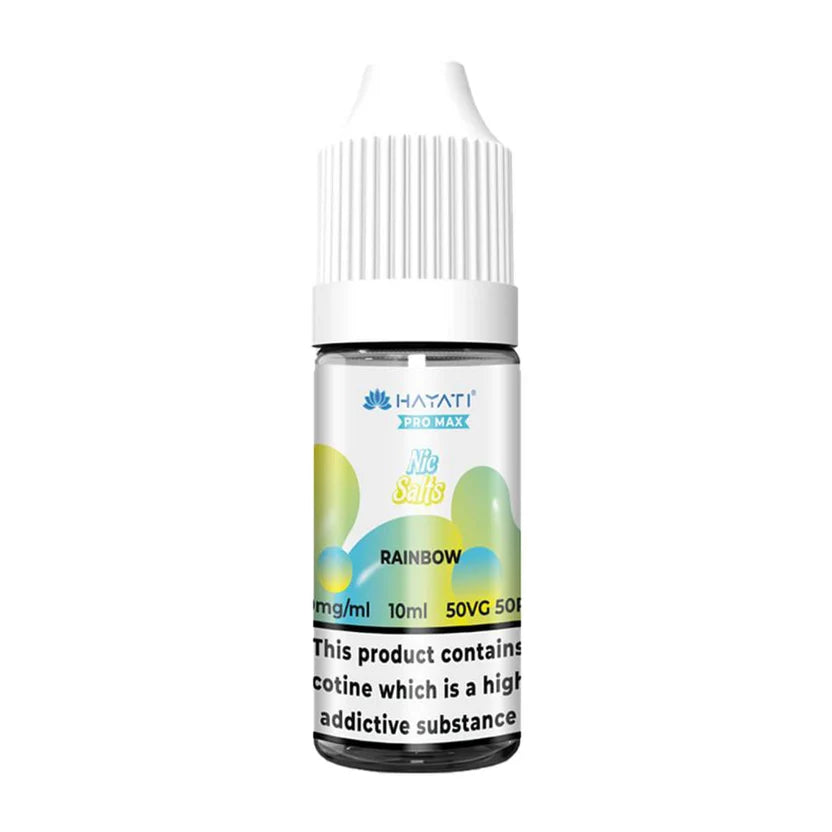 Hayati Pro Max Nic Salt Vape E-Liquid 10ml in Rainbow Flavor, offering a smooth and satisfying vaping experience with convenient 10ml bottle packaging.