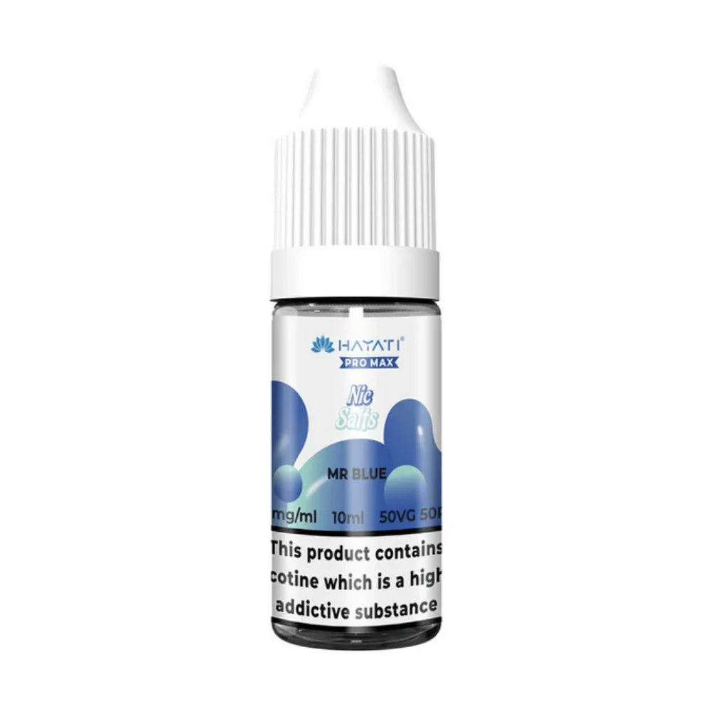 Hayati Pro Max Nic Salt Vape E-Liquid 10ml in Mr Blue Flavor, offering a smooth and satisfying vaping experience with convenient 10ml bottle packaging.
