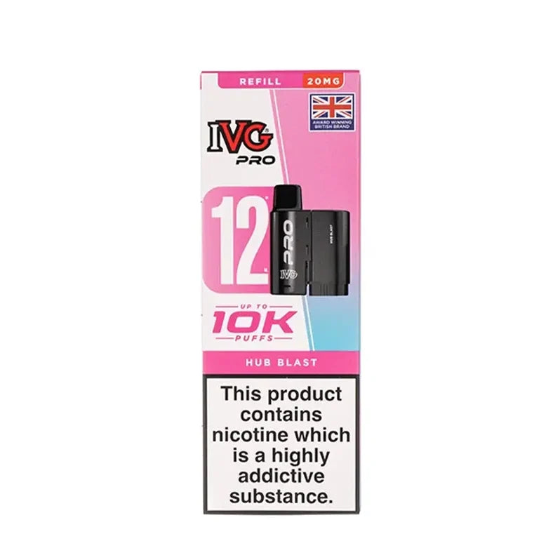 IVG Pro 12 prefilled vape pods in Hub Blast flavor, offering a refreshing mint taste with a convenient disposable design