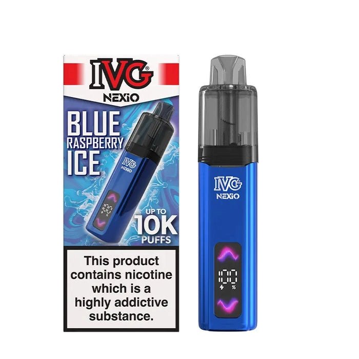 IVG Nexio Prefilled Pod Kit in Blue-Raspberry-Ice flavour, featuring a compact design and convenient prefilled pod system.