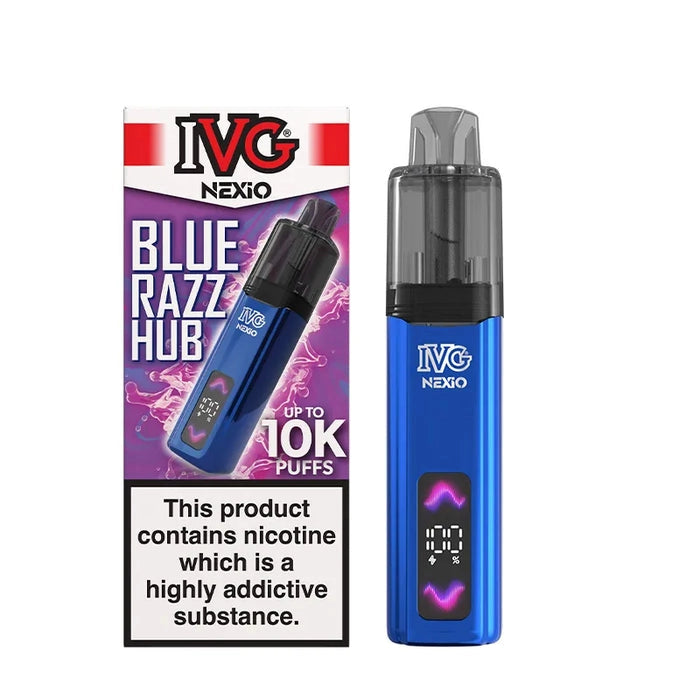 IVG Nexio Prefilled Pod Kit in Blue-Blue-Razz-Hub flavour, featuring a compact design and convenient prefilled pod system.
