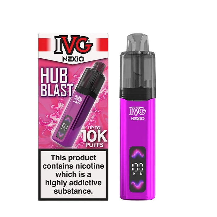 IVG Nexio Prefilled Pod Kit in Blue-Red-Hub-Blast flavour, featuring a compact design and convenient prefilled pod system.