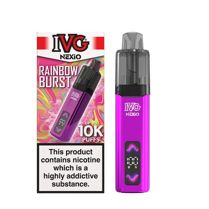 IVG Nexio Prefilled Pod Kit in Blue-Red-Rainbow-Burst flavour, featuring a compact design and convenient prefilled pod system.