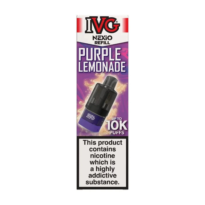 IVG Nexio Prefilled Pods in Purple-Lemonade flavour, designed for a convenient and easy vaping experience.
