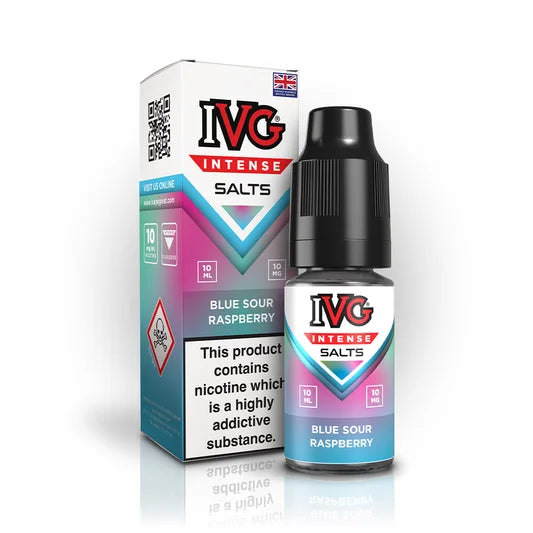 IVG Intense Nic Salt E-Liquid 10ml in Blue Sour Raspberry – 50/50 VG/PG vape juice available in 10mg or 20mg nicotine strength.