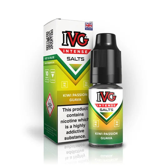 IVG Intense Nic Salt E-Liquid 10ml in Kiwi Passion Guava – 50/50 VG/PG vape juice available in 10mg or 20mg nicotine strength.