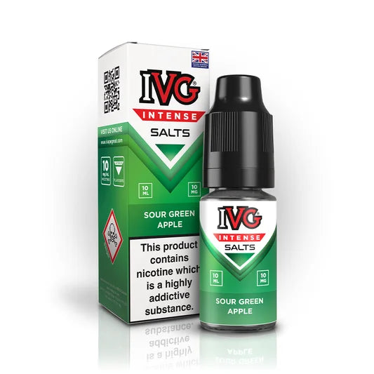 IVG Intense Nic Salt E-Liquid 10ml in Sour Green Apple – 50/50 VG/PG vape juice available in 10mg or 20mg nicotine strength.