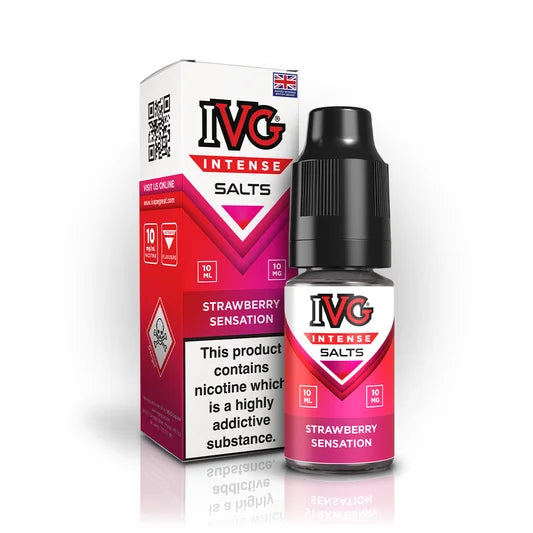 IVG Intense Nic Salt E-Liquid 10ml in Strawberry Sensation – 50/50 VG/PG vape juice available in 10mg or 20mg nicotine strength.