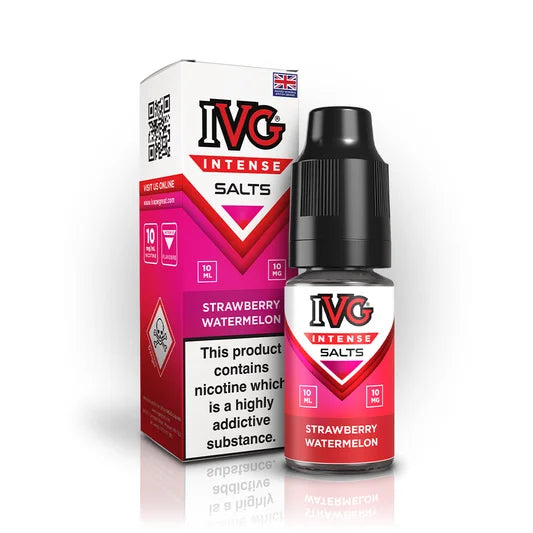 IVG Intense Nic Salt E-Liquid 10ml in Strawberry Watermelon  – 50/50 VG/PG vape juice available in 10mg or 20mg nicotine strength.