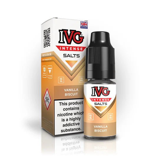IVG Intense Nic Salt E-Liquid 10ml in Vanilla Biscuit – 50/50 VG/PG vape juice available in 10mg or 20mg nicotine strength.
