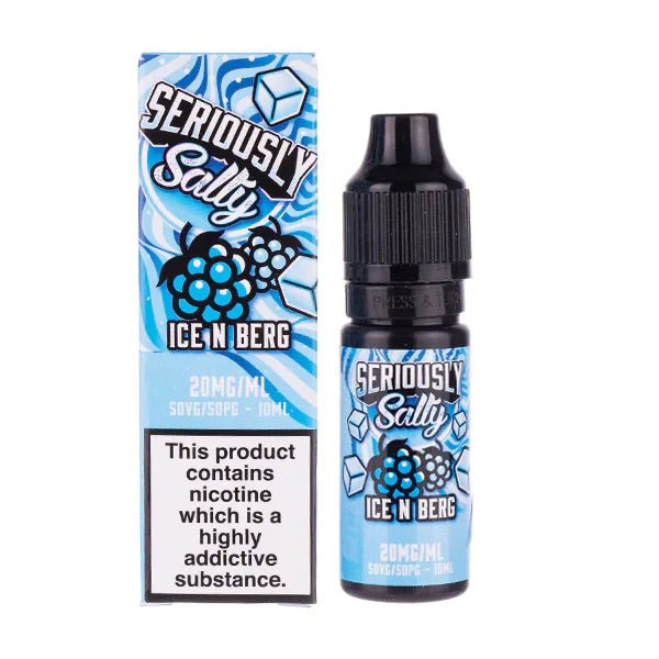 A 10ml bottle of Seriously Salty Ice N Berg Nic Salt E-Liquid with a childproof cap and a label indicating high nicotine strength of 20mg.