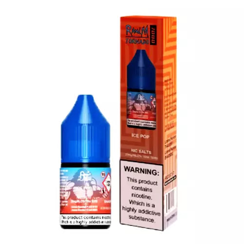 A product image showing a 10ml bottle of Ice Pop R&M Nic Salt E Liquid, with a graphic on the label and a warning note about the product containing nicotine.