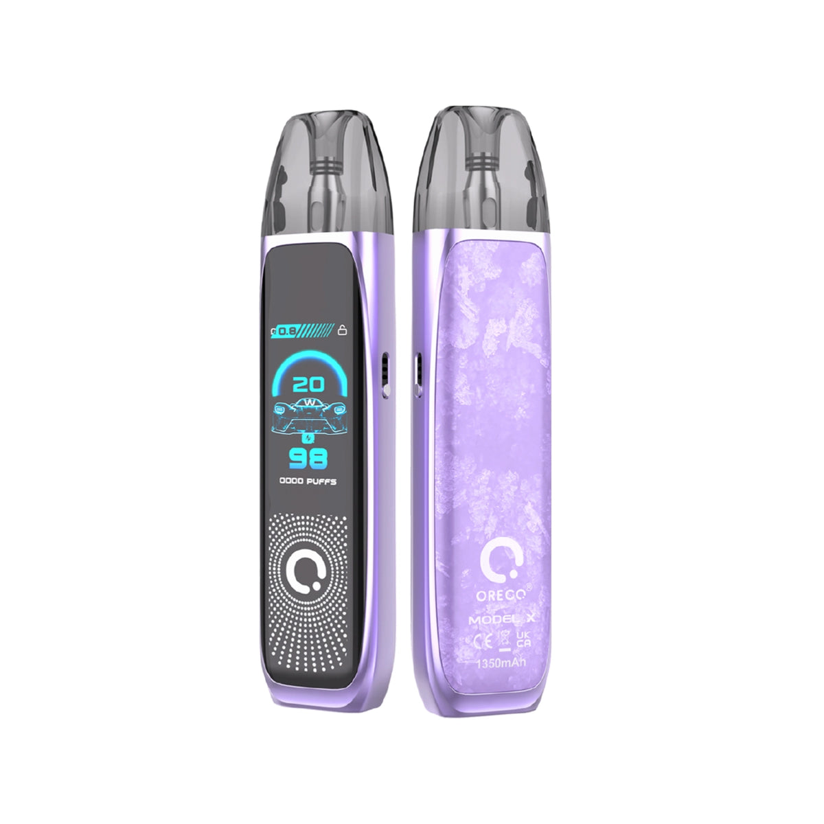 Oreco Model X Vape Kit in Ice Purple Color, featuring a compact design for a convenient and enjoyable vaping experience.