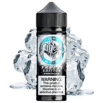 Load image into Gallery viewer, A 100ml bottle of Ruthless brand vape juice with a label indicating it is a &#39;Freeze Edition&#39; with an icy visual design, including ice cubes and a cool tone color scheme.
