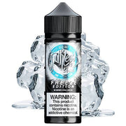 A 100ml bottle of Ruthless brand vape juice with a label indicating it is a 'Freeze Edition' with an icy visual design, including ice cubes and a cool tone color scheme.
