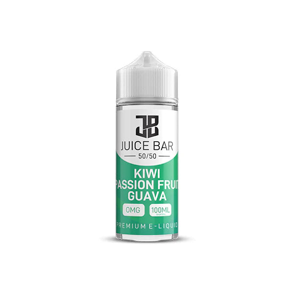 100ml shortfill bottle of Juice Bar 50/50 E-Liquid in Kiwi Passionfruit Guava flavor, balanced 50VG/50PG blend for smooth flavor and satisfying throat hit, nicotine-free with room for nic shots.
