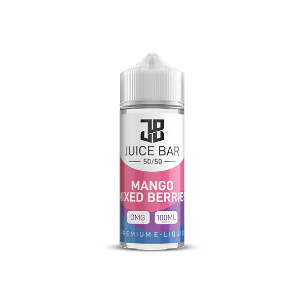 100ml shortfill bottle of Juice Bar 50/50 E-Liquid in Mango Mixed Berries flavor, balanced 50VG/50PG blend for smooth flavor and satisfying throat hit, nicotine-free with room for nic shots.