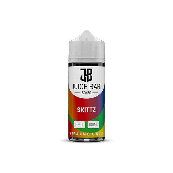 100ml shortfill bottle of Juice Bar 50/50 E-Liquid in Skittz flavor, balanced 50VG/50PG blend for smooth flavor and satisfying throat hit, nicotine-free with room for nic shots.