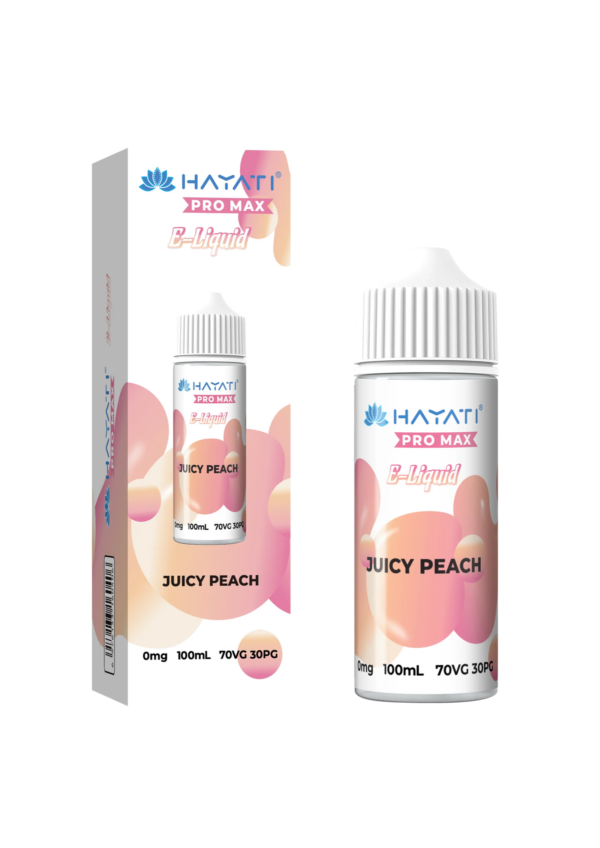 Juicy Peach Hayati Pro Max E-Liquid 100ml – no nicotine vape juice with rich flavor and smooth 70/30 VG PG blend