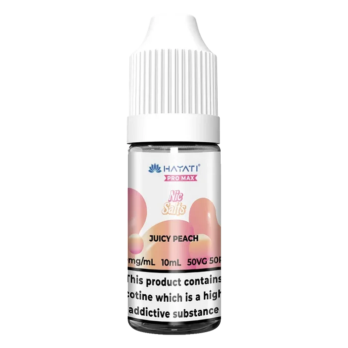 Hayati Pro Max Juicy Peach Nic Salt vape juice, delivering a sweet and succulent peach flavor with smooth nicotine satisfaction and a refreshing vape experience.