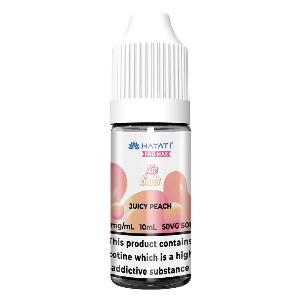 Hayati Pro Max Nic Salt Vape E-Liquid 10ml in Juicy Peach Flavor, offering a smooth and satisfying vaping experience with convenient 10ml bottle packaging.