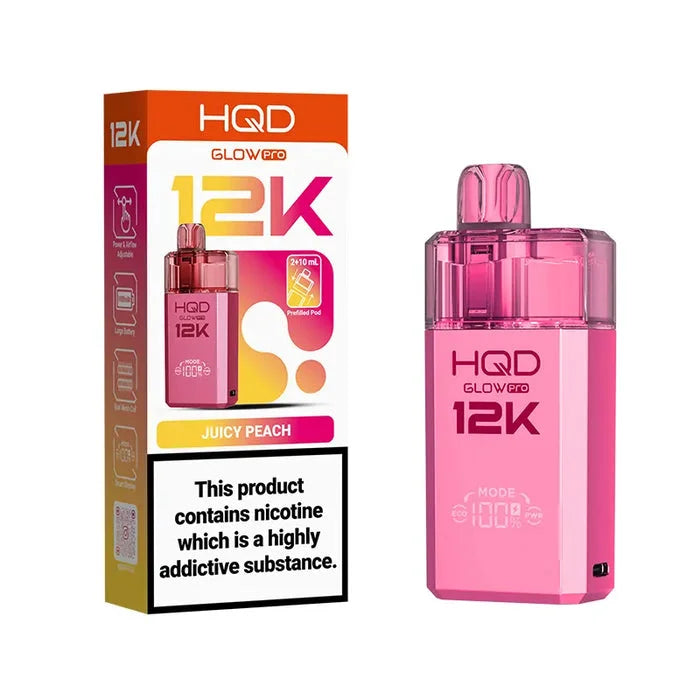 HQD Glow Pro 12K Juicy Peach Prefilled Pod Kit offering up to 12000 puffs with smooth flavour