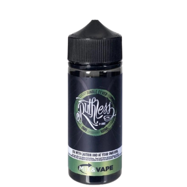 A 100ml bottle of Jungle Fever Ruthless e-liquid with a black label and green branding text, indicating nicotine-free and 70/30 VG/PG ratio.