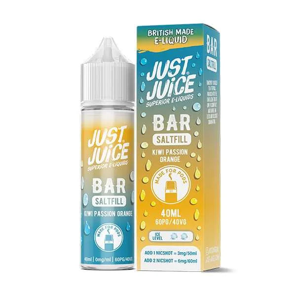 Just Juice Bar Saltfill Shortfill 40ml E-Liquid Kiwi Passion Orange – bold, fruity flavors with smooth nicotine salt base for a premium vape experience