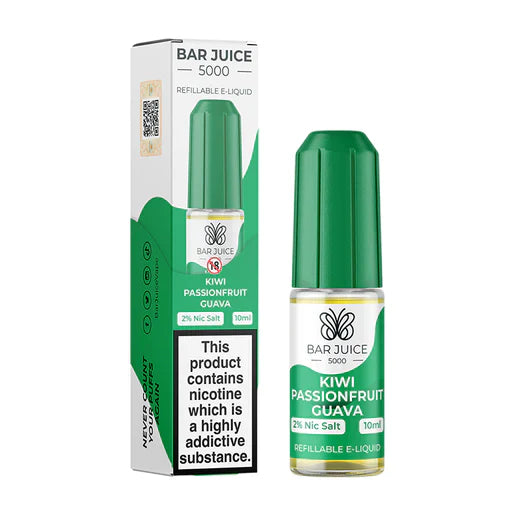 A product image showing a box and a bottle of Bar Juice 5000 Kiwi Passionfruit Guava Nic Salt Vape juice. The box is green with product information, and the bottle is clear with a green liquid inside.