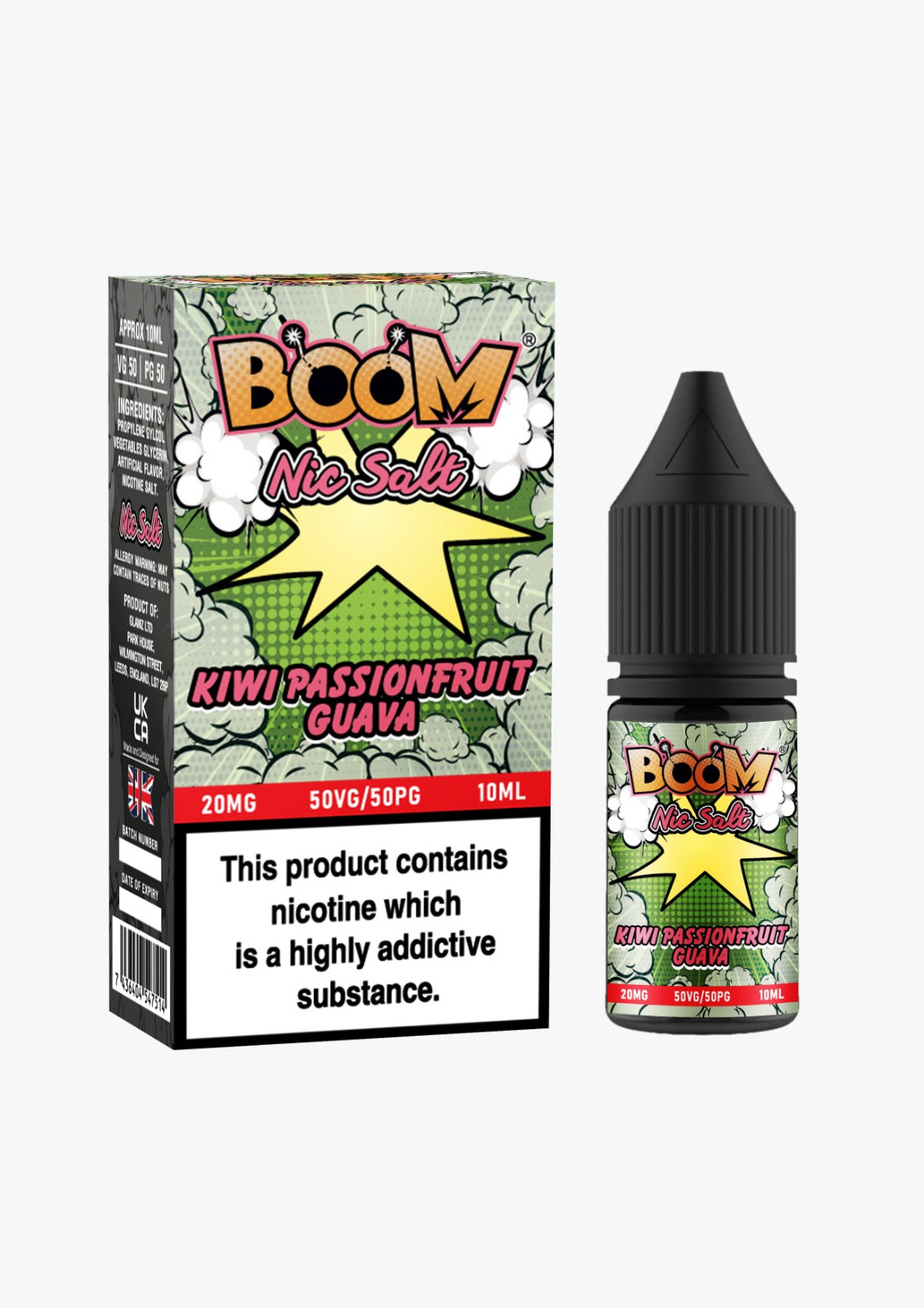 10ml bottle of Boom Nic Salt E-Liquid in Kiwi Passionfruit Guava flavor, 50/50 VG/PG ratio for balanced flavor and vapor, available in 10mg and 20mg nicotine salt strengths, perfect for pod kits.