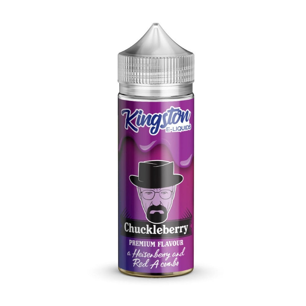 A 100ml bottle of Kingston Chuckleberry premium flavour e liquid, with a label featuring a berry and a cap on top, indicating nicotine-free and suitable for all-day vaping.