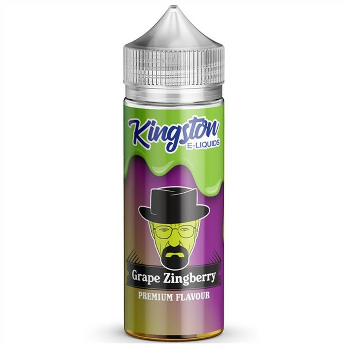 A bottle of Kingston Grape Zingberry Nicotine Free 0mg E Liquid VAPE Juice with a graphic of a character on the label.
