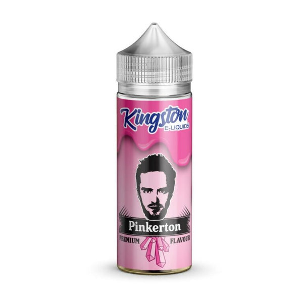 A 100ml bottle of Kingston Pinkrtyon flavor e-liquid with a nicotine-free label, featuring a pink and white design and the brand's logo.