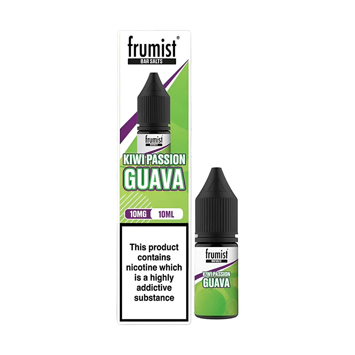 Frumist Nic Salt E-Liquid Kiwi Passion Guava – 10ml bottle, 50/50 VG/PG blend, available in 10mg or 20mg nicotine strength.