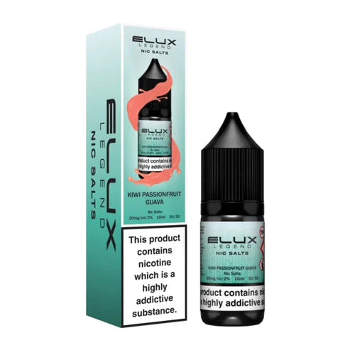 A product image showing a 10ml bottle of Elux Legend Nic Salt E-Liquid with a label indicating Kiwi Passionfruit Guava flavor. The bottle is accompanied by its packaging, which has similar branding and product information.