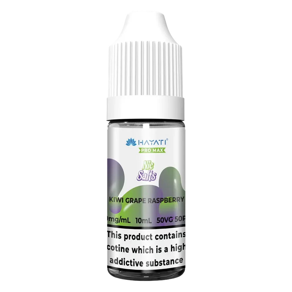 Hayati Pro Max Nic Salt Vape E-Liquid 10ml in Kiwi Grape Raspberry Flavor, offering a smooth and satisfying vaping experience with convenient 10ml bottle packaging.