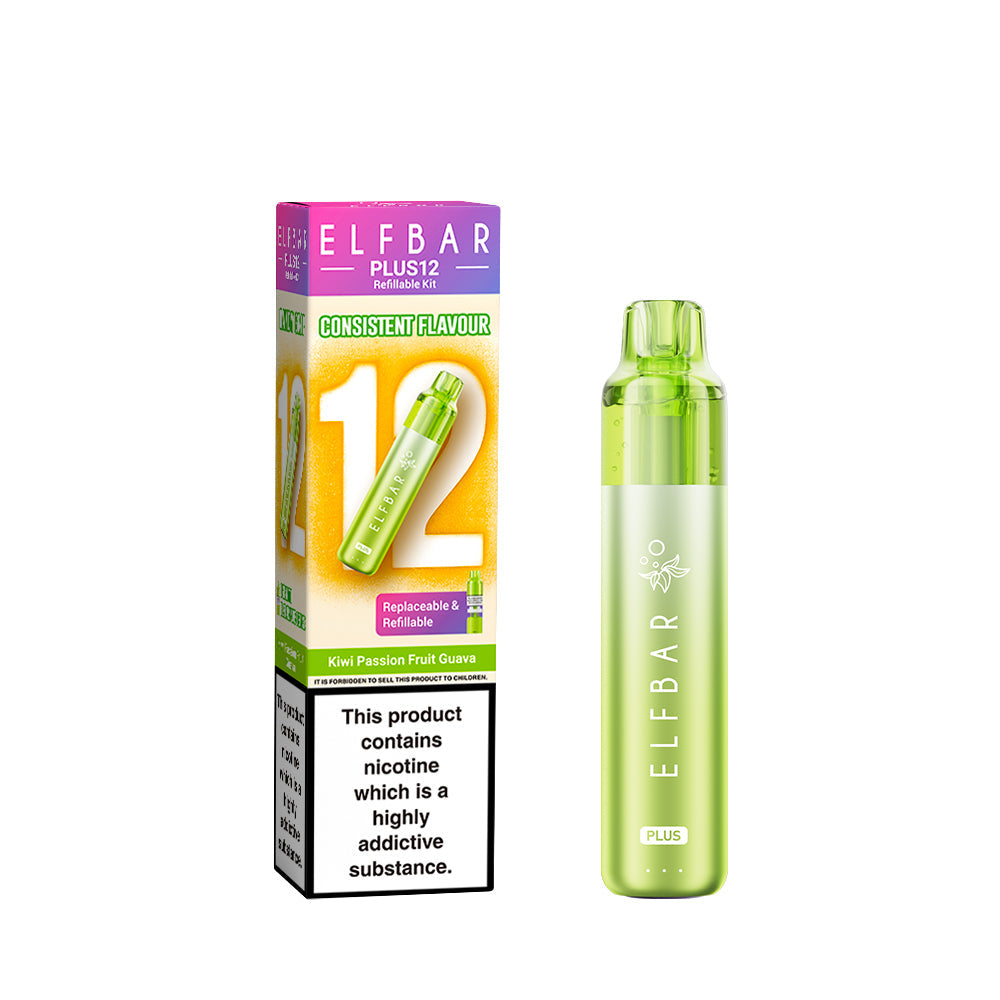 Elf Bar Plus 12 in KiwiPassionFruitGuava – long-lasting rechargeable vape with up to 12,000 puffs and smooth MTL performance.