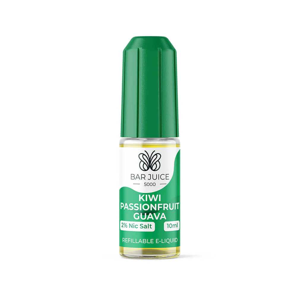 A product image showing a box and a bottle of Bar Juice 5000 Kiwi Passionfruit Guava Nic Salt Vape juice. The box is green with product information, and the bottle is clear with a green liquid inside.