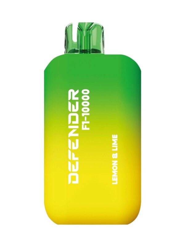 Defender F1-10000 Prefilled Pods in Lemon Lime flavor, featuring a gradient green and yellow design with a transparent mouthpiece.
