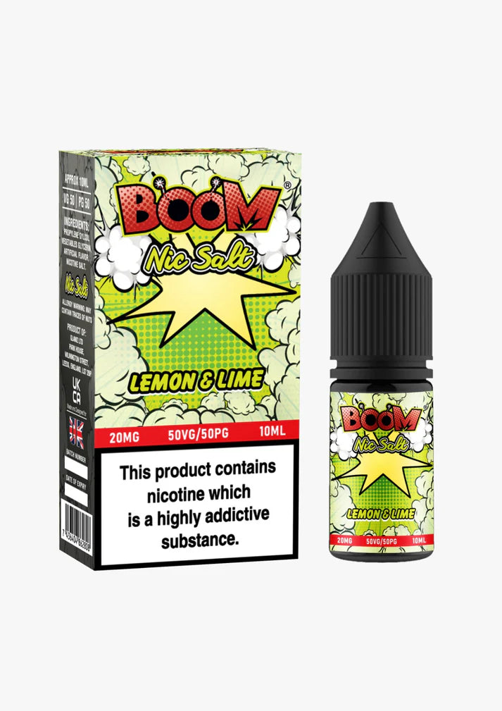 A product image showing a box and a bottle of Lemon & Lime Boom Nic Salt E Liquid. The packaging has vibrant colors with text and graphics indicating the flavor and nicotine strengths.