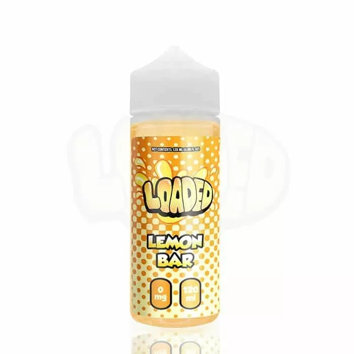 A 120ml bottle of Loaded Lemon Bar e-liquid with a child-resistant cap, designed for vapor devices.