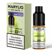 Packaging and bottle of Lemon Lime MARYLIQ Nic Salt E-Liquid with product information visible.