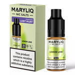 Load image into Gallery viewer, A 10ml bottle of MARY LIQ Lemon Lime E Liquid Nicotine Salt, with a label indicating it contains nicotine which is a highly addictive substance.
