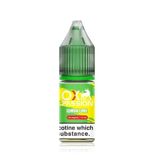A 10ml bottle of OXVA Ox Passion Nic Salt E-Liquid with Lemon Lime flavor. The bottle is green with a white label displaying the product name and nicotine strength.