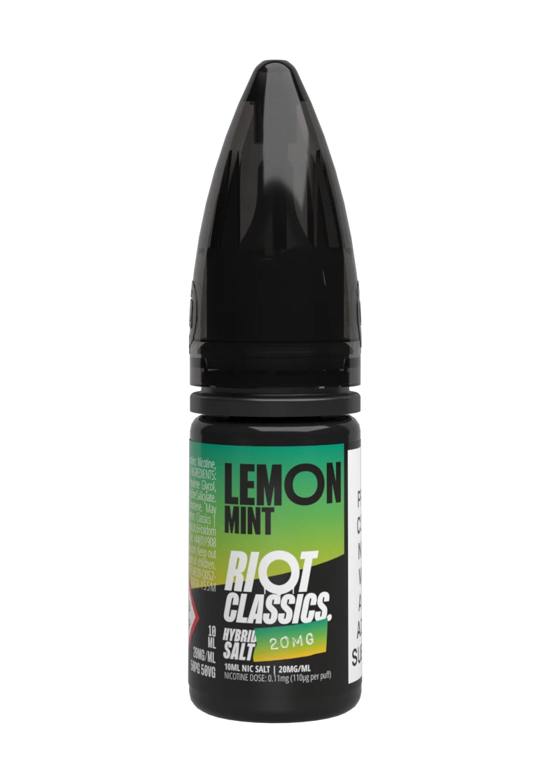 Bottle of Lemon Mint Riot Squad Punx Nic Salts featuring crisp lemon-yellow packaging with cool mint-green accents, vibrant lemon slice and mint leaf graphics, prominent ‘Punx’ branding, designed for nicotine salt vape devices.