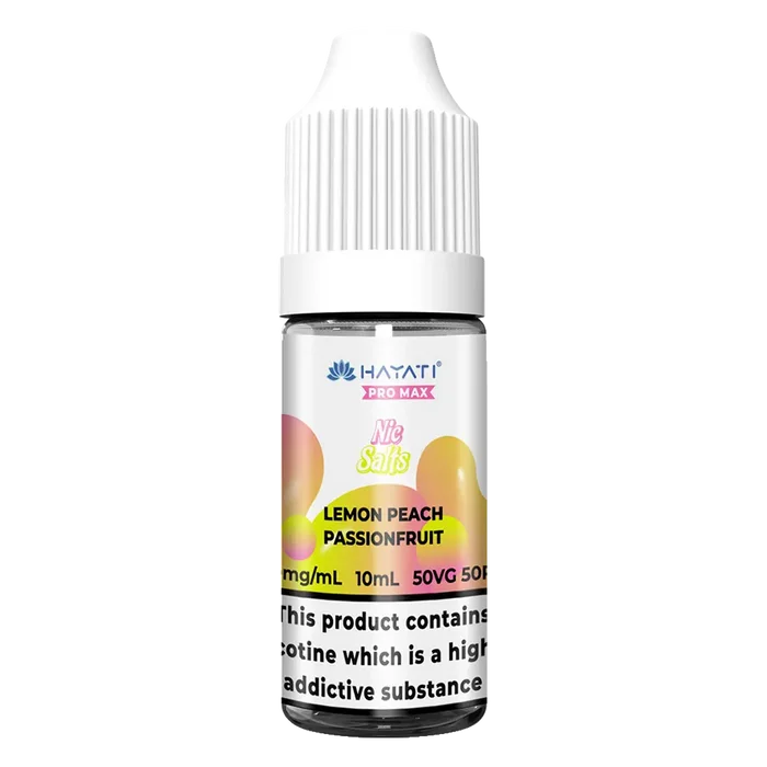 Hayati Pro Max Lemon Peach Passionfruit Nic Salt vape juice, delivering smooth nicotine satisfaction and a refreshing vape experience.