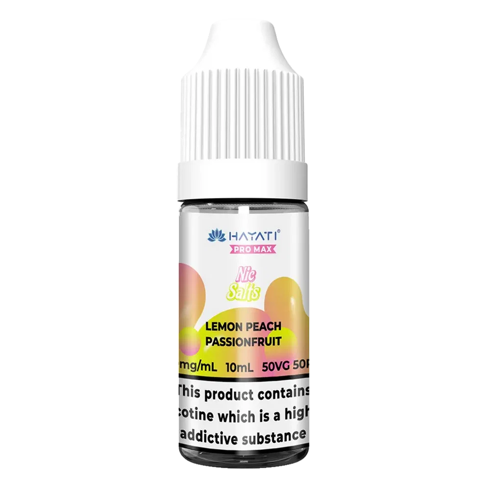 Hayati Pro Max Nic Salt Vape E-Liquid 10ml in Lemon Peach Passionfruit Flavor, offering a smooth and satisfying vaping experience with convenient 10ml bottle packaging.