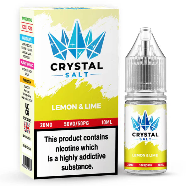 Crystal Salt Nic Salt E-Liquid bottle in Lemon Lime flavor with nicotine strength labeling.