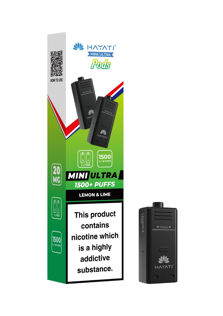Hayati Mini Ultra 1500 Lemon & Lime prefilled pods compatible with the Mini Ultra device, available in various flavours