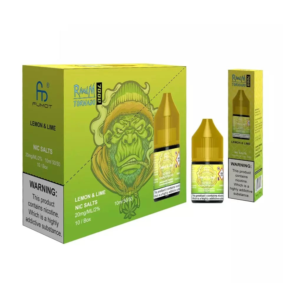 A product image showing a box and two bottles of Lemon & Lime flavored R&M Nic Salt E Liquid, with a warning label visible on the packaging.